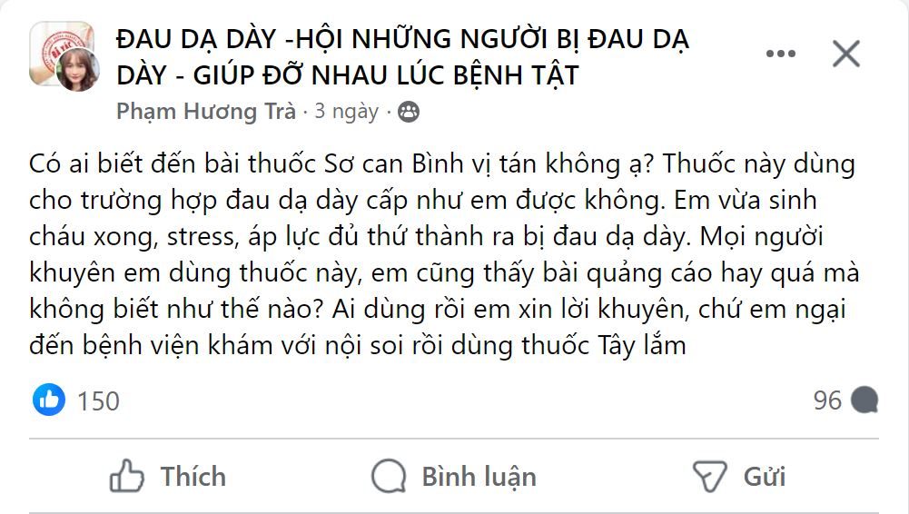 Bài đăng hỏi về việc sử dụng Sơ can Bình vị tán cho bệnh viêm đau dạ dày cấp